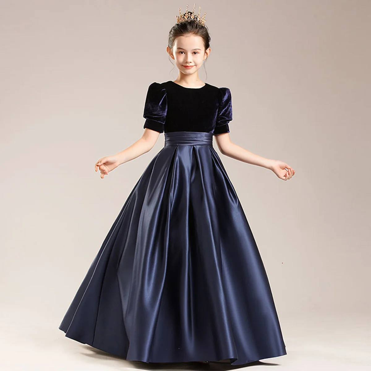 Girls Round Neck Velvet Princess Sleeve Long Teen Dress Junior Bridesmaid Dress Girls Prom Birthday Festival/Customizable