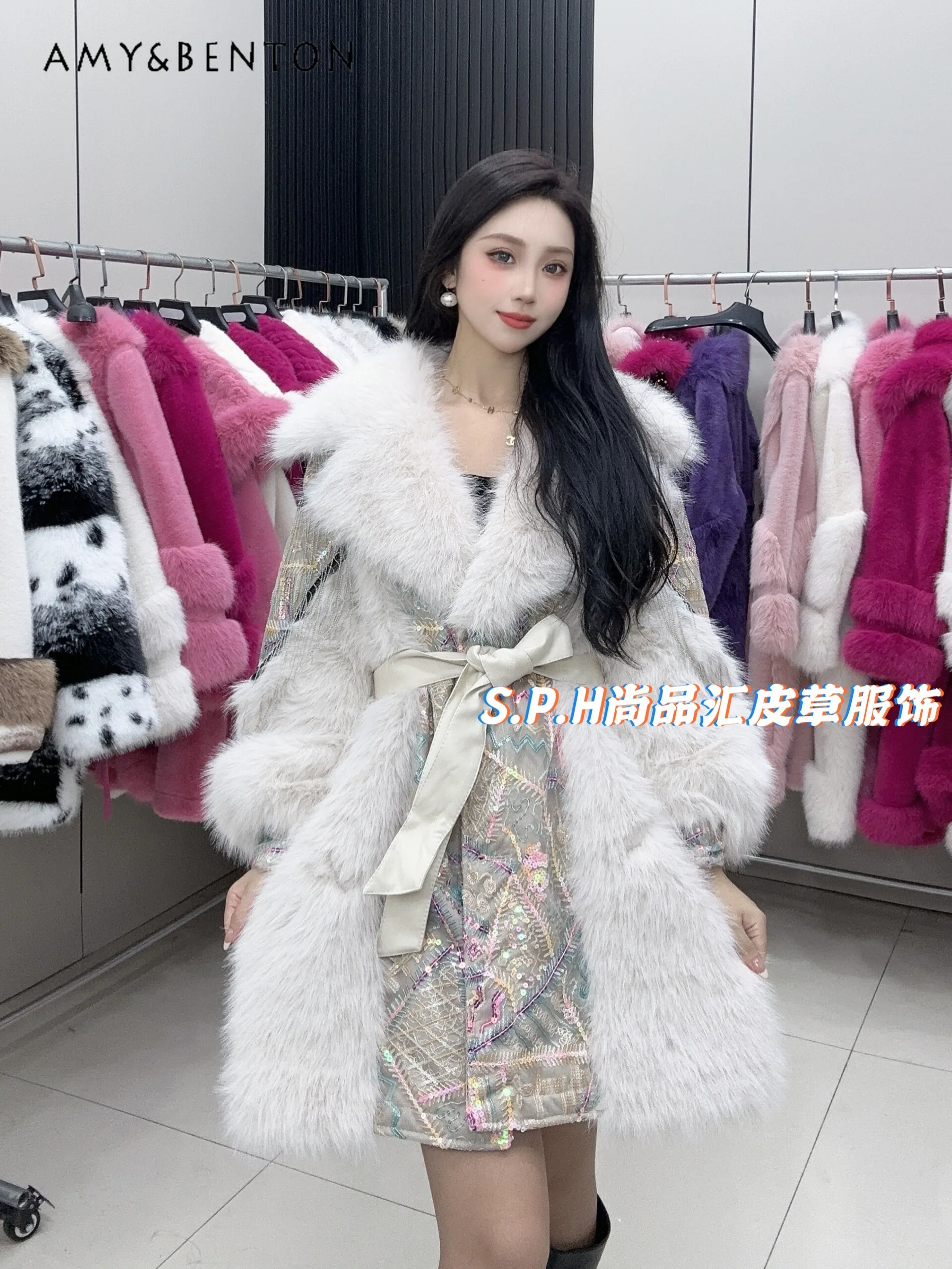 2024 Winter Temperament Ladies High-end Fur Coat Women Fashion Tassel Heavy Industry Sequin Fur Collar Long Faux Fur Jacket