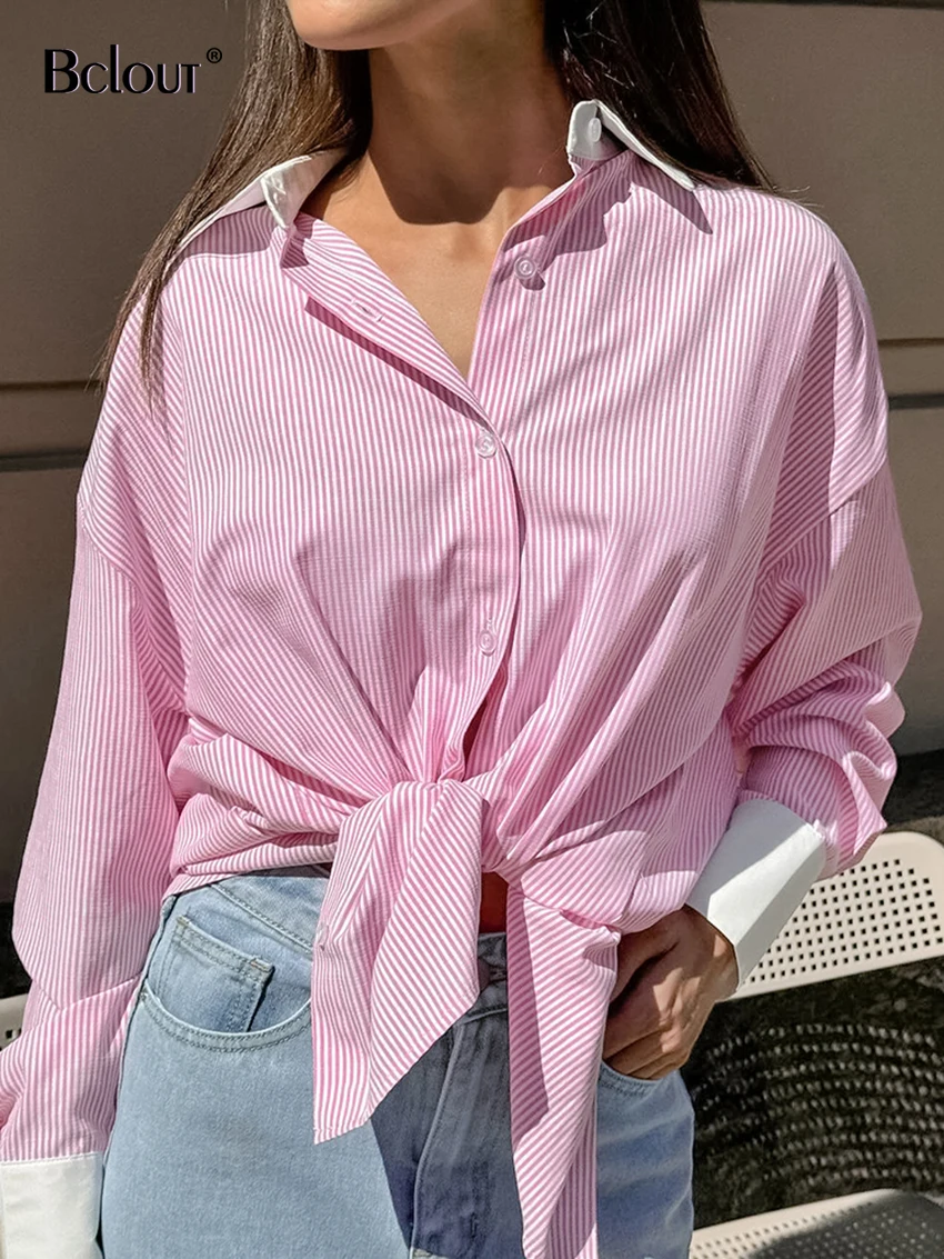 Bclout Autumn Straiped Pink Shirts Blouses Women Fashion Patchwork Long Sleeve Loose Shirts Casual Single Breasted Shirts Tops