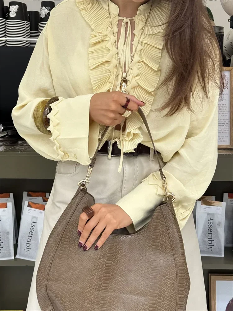 Chiffon Ruffled Lace-Up Shirts Top Female See-Through V-Neck Solid Long Sleeve Loose Pullover Casual For Women Blouse 2025