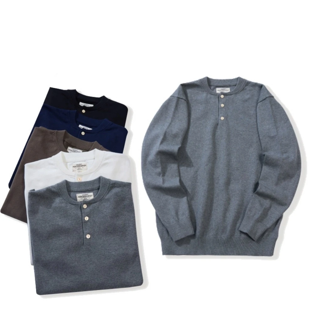 

100% cotton solid color pullover long-sleeved sweater Henry collar long-sleeved T-shirt