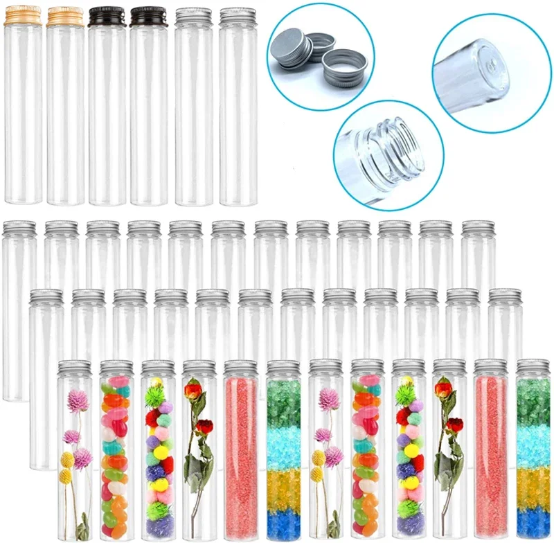 

30Pcs 50/65/110ml Clear Plastic Test Tubes Bottle w/ Aluminum Screw Caps For Candy Spices Dried Flowers Party Favors Containers