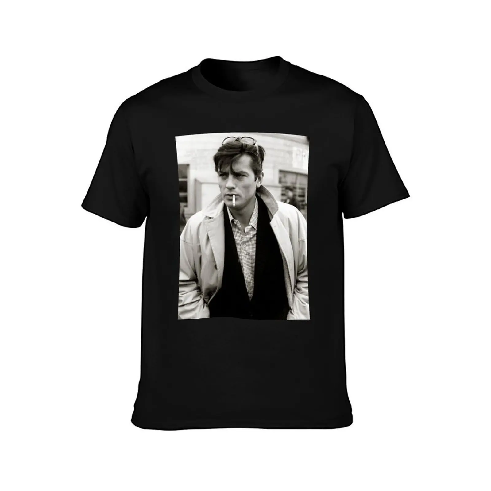 Alain Delon smoking cigarette Classic T-Shirt, Summer Casual Cotton Tee, Oversized Streetwear Tops, Vintage Graphic Print