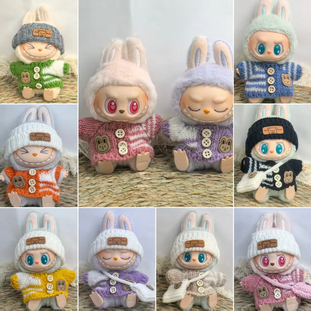 17cm Labubu I II Idol Dolls Rabbit Sweater Bear Hat Cute Mini Plush Doll'S Clothes Korea Kpop Exo Idol Dolls DIY Accessories