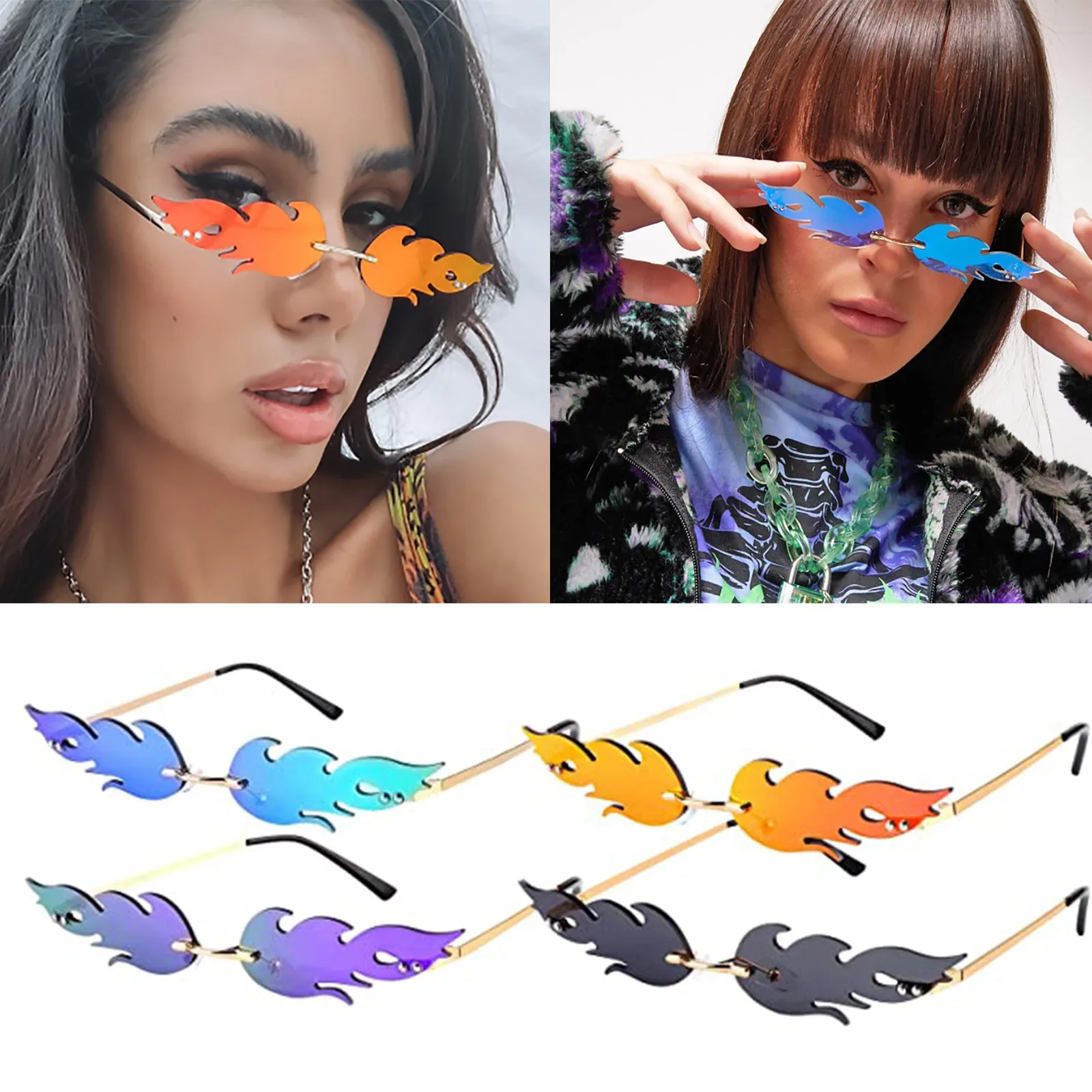 Fire Flame Sunglasses Women Designer Frameless One-Piece Sunglasses 2025 Trend Gafas Uv400 Tone Candy Color Party Glasses