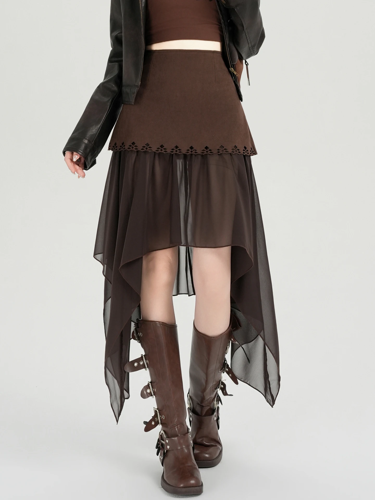 Asymmetric High Waist Suede  Skirt with Mesh Paneling A-Line Midi Skirt for Women Autumn Season Slimming Drapey Style