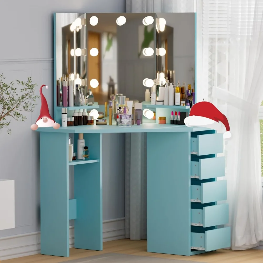 Corner Vanity Desk, Makeup Vanity with Lights, Bedroom Small Vanity Table with Lighted Mirror3Lighting Modes,Brightness Dimmable