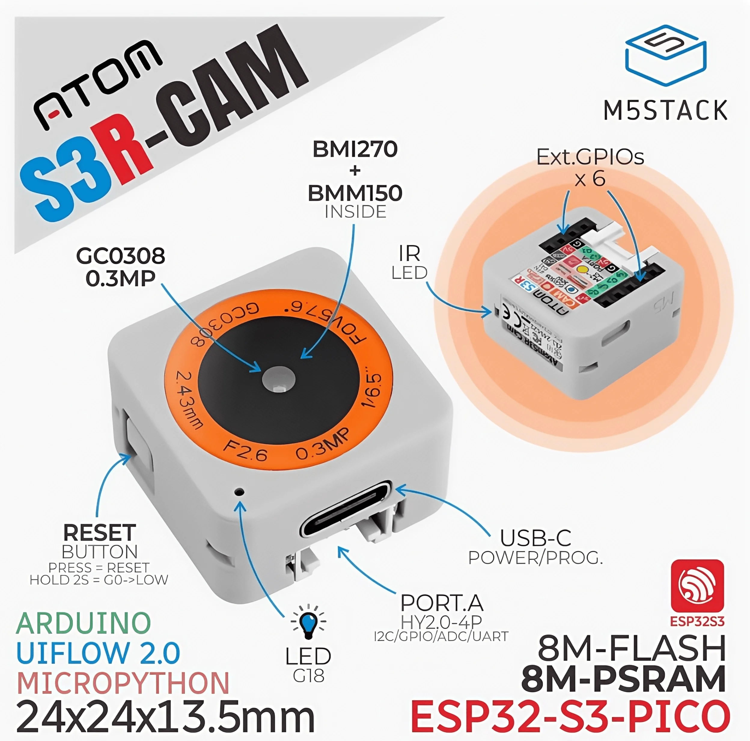 

M5Stack ATOMS3R CAM camera development board ESP32-S3 pre-installed UVC firmware