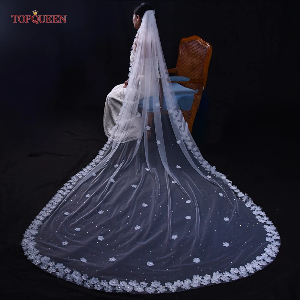 

Свадебная фата TOPQUEEN белого цвета (цвет слоновой кости) с 3D цветами, жемчугом, кристаллами и кружевом, фата-катедраль с гребнем V213