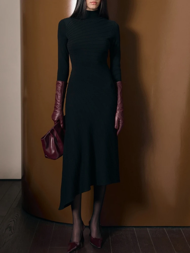 토시 패션 니트 비대칭 맥시 드레스 여성용 플리츠 솔리드 하이웨이스트 하프 하이 칼라 가을 니트웨어 여성 맥시 드레스