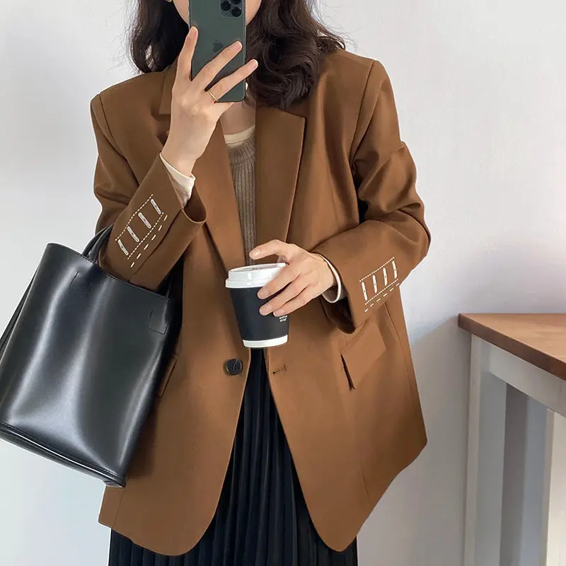 

Embroidery design suit jacket women's 2023 spring and autumn new high-end casual brown coffee suit