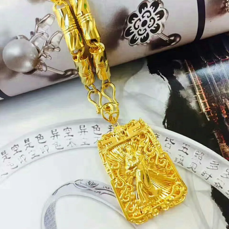 

Pure 14K Yellow Gold Color Guangong Pendant Necklace for Men Real 14K Gold Color Chain Men's Jewelry Set Fine Jewelry Gifts