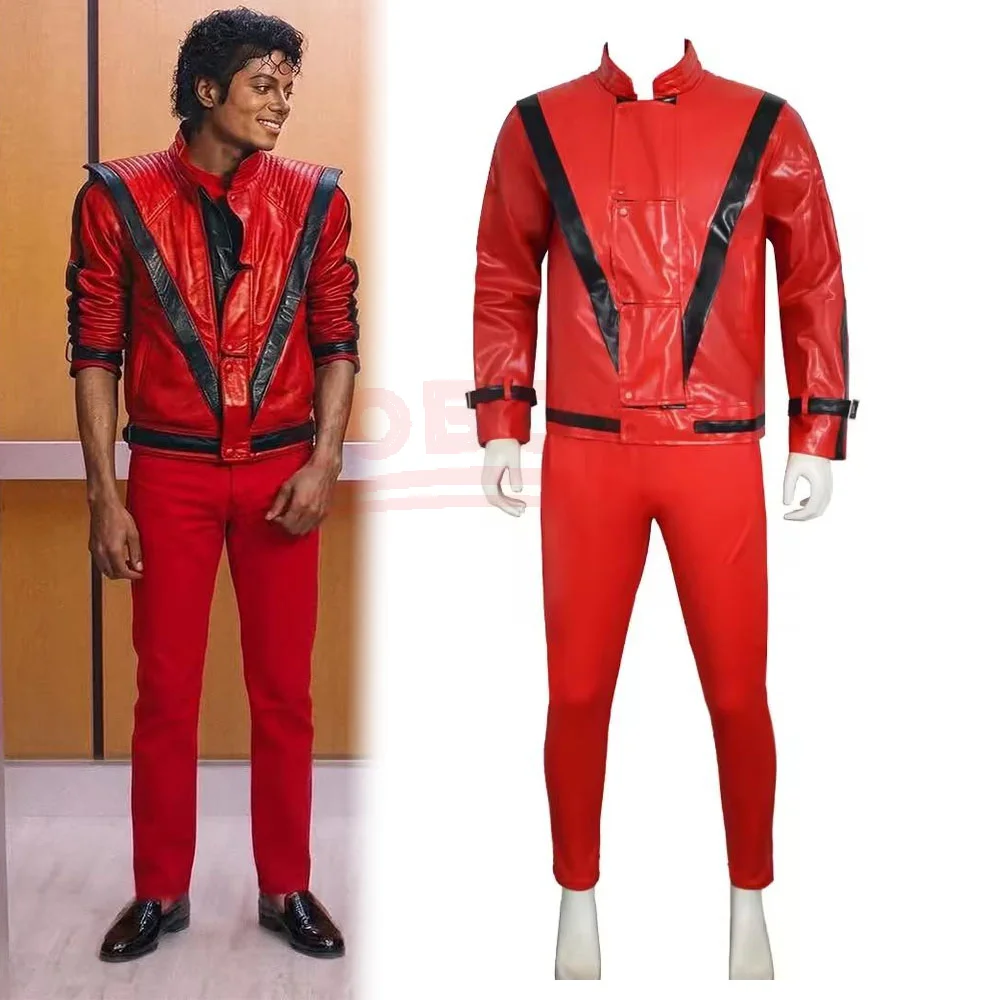 大人用ティーン向けマイケル・ジャクソンコスプレコスチューム、赤いフェイクレザー製フルセット、ハロウィン仮装コンサートやテーマパーティーに最適