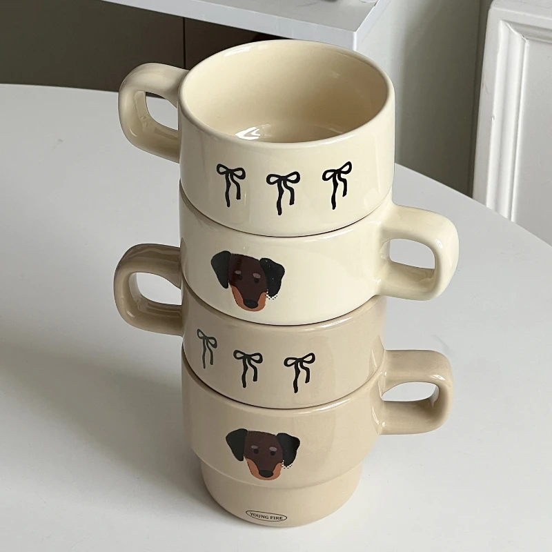 Cream Brown Bow Puppy Ceramic Mug with Hand-painted Coffee Stacking Cup As A Gift