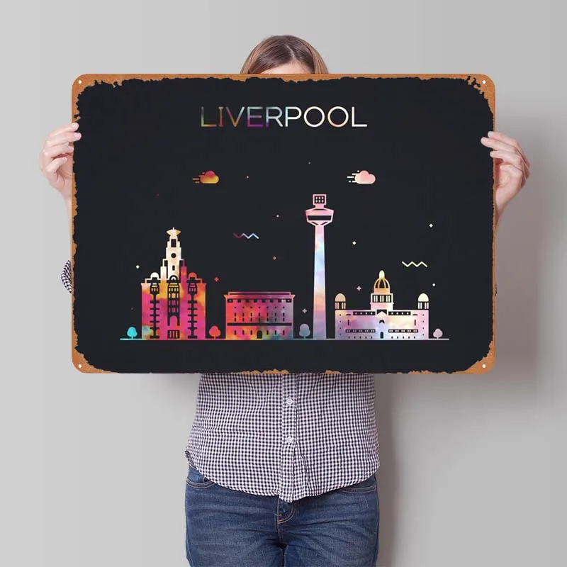 Liverpool England City Skyline Metal Poster Coffee Corner Decoration Retro Metal Sign Tinplate Sign for Wall Art Decoration Home