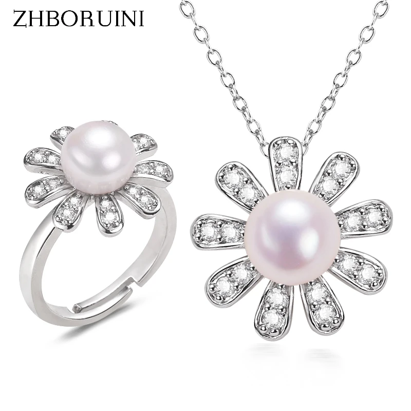 ZHBORUINI Daisy Pearl Jewelry Sets 925 Silver And Gold 100% Real Natural Freshwater Pearl Necklace Earrings For Women Gift