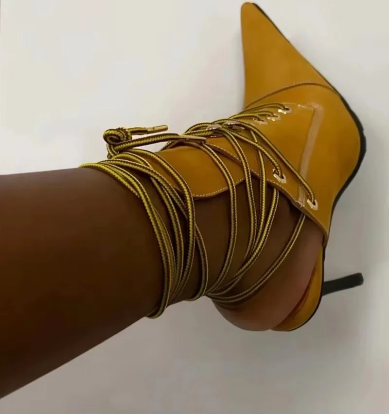 Gladiator Hakken Patchwork Front Lace Up Laarzen Puntige Teen Stiletto Booties Vrouwen Luxe Designer Schoenen Moderne Zapatos De Mujer