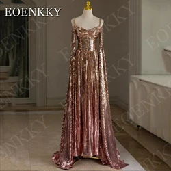 EOENKKY Romantic Sequin Evening Dress Off Shoulder Sparkly Cape Sleeves Backless Party Dresses A Line Customized платье вечернее