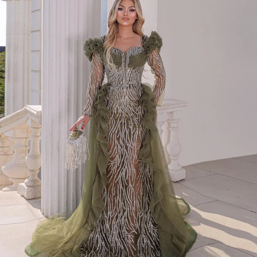 Fashion Green Lace Mermaid Prom Dresses With Detachable Train Luxury See Thru Long Evening Gowns