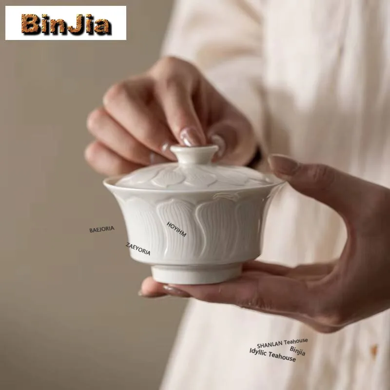 135ml Ding Kiln Lotus Leaf Horseshoe Gaiwan Vintage Tea Tureen Tea Bowl With Lid Kit Tea Maker Cover Bowl Cha Decoration Craft