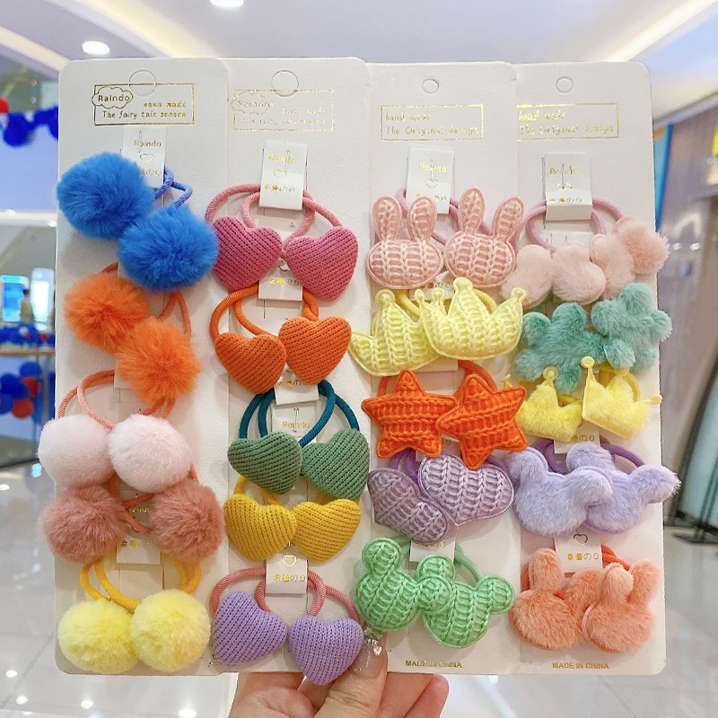 2/10 Pcs/Set Baby Girls Cute Cartoon Flower Hairball Scrunchies Rubber Bands Children Sweet Hair Bands Kids Hair Accessories