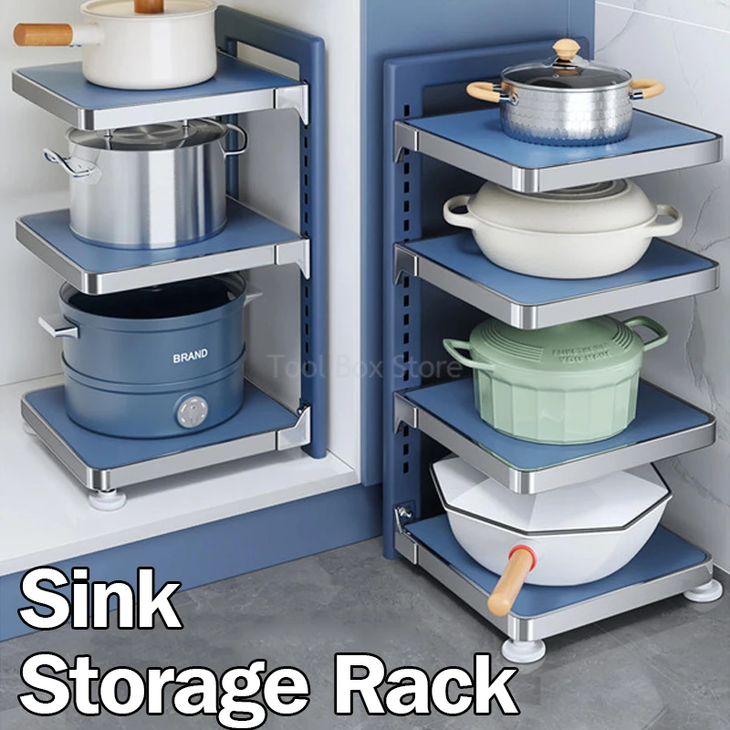 

3 Tiers Pot Rack Kitchen Storage Holder Adjustable Cabinet Pantry Pots Lids Storage Rack Multi-layer Frying Pan Organizer