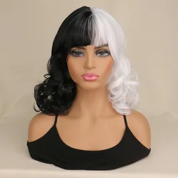 Cruella Wigs Black and White Costume Women Short Curly Wavy Hair Wig with Wig Cute Synthetic Wigs for Party Halloween