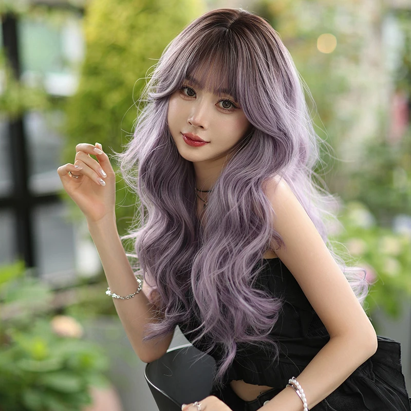 7JHH-peluca Lolita ondulada de cuerpo sintético para mujer, pelo morado con raíces oscuras, pelo en capas de alta densidad, amigable con los