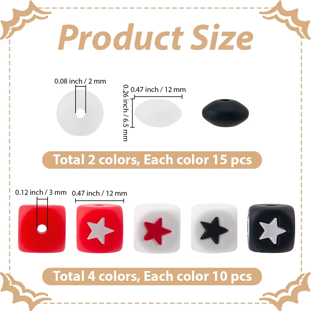 70PCS Star Beads Kit Cube Square Rondelle Rubber Soft Black White Red Rubber Soft Spacer Loose Bead Charm Bulk