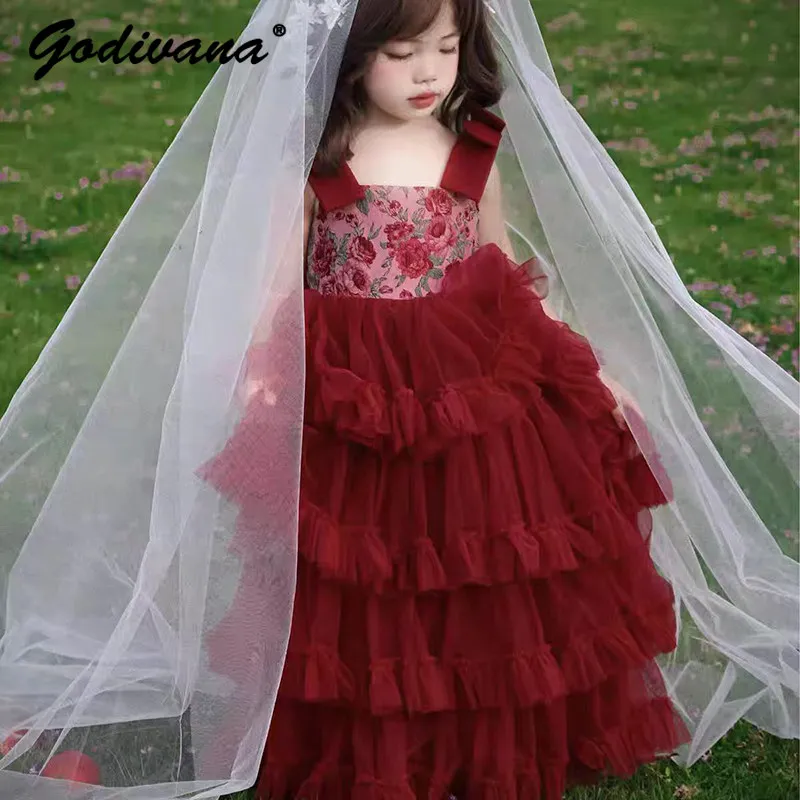 Flower Girl Wedding Red Princess Sundress 2026 New Childrens High-end Luxury Niche Floral Mesh Birthday Party Cake Maxi Dress