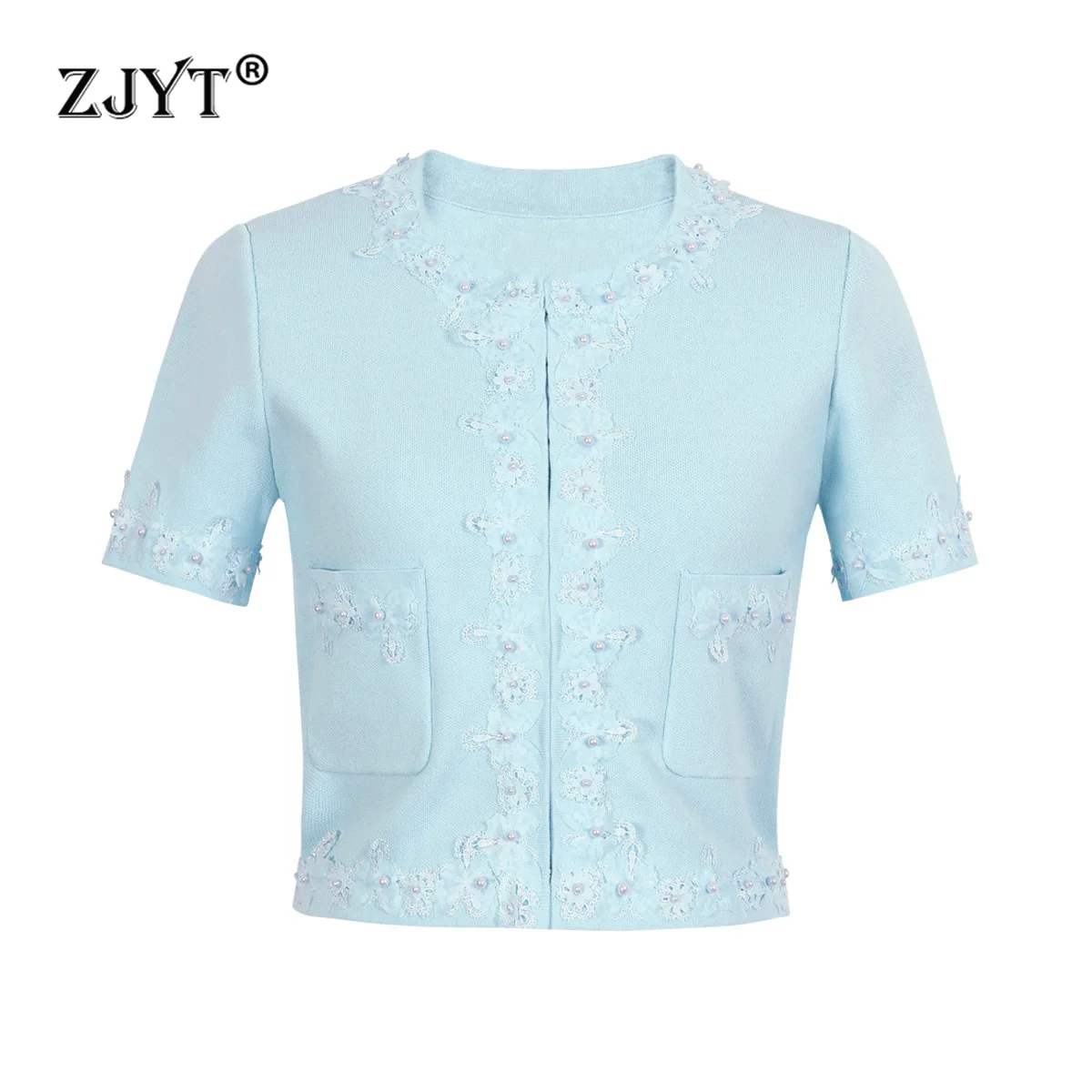 

ZJYT New 2025 Summer Beading Floral Knitted Cardigans Tops Women's Sweaters Short Sleeve Knitwears Jersey Mujer Midi Skirt Blue
