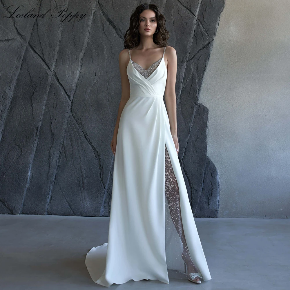 Lceland Poppy Customized A Line V Neck Satin Wedding Dresses Sleeveless Shiny Tulle Floor Length Bridal Gowns with High Slit