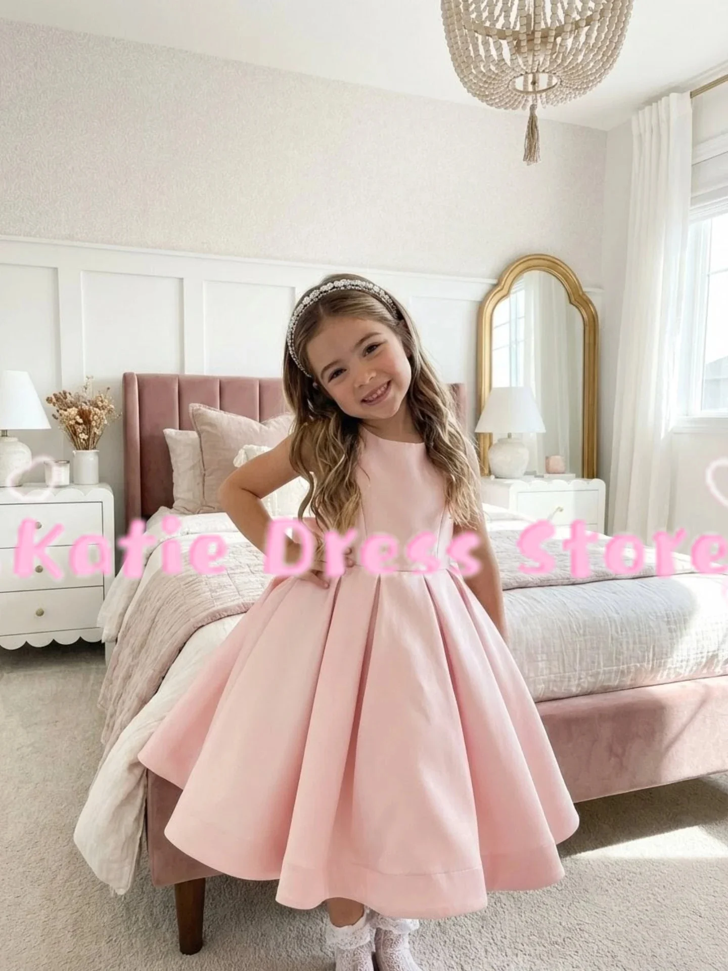 

Elegant Pink Satin Sleeveless Puffy Flower Girl Dress For Wedding Kids Birthday Party First Communion Ball Gowns Customized