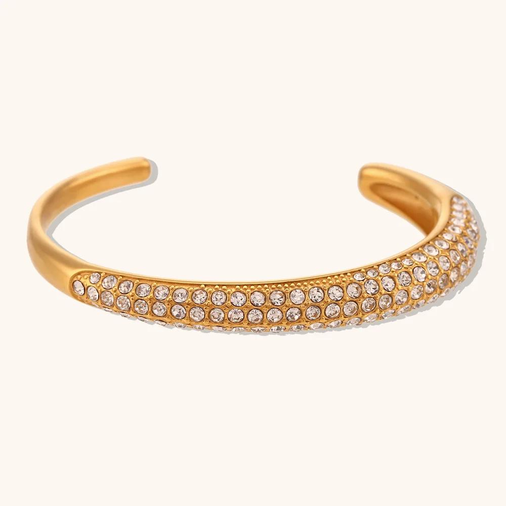 Full Diamond 18K Gold Plated Cubic Zirconia CZ Cuff Bangle Wristband Bracelet For Women Wholesale Stainless Steel Chic Jewellery