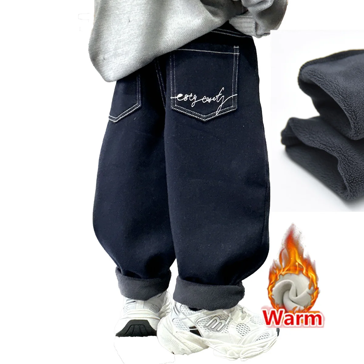 

2024 New Winter Insulated Boys Baggy Jeans For Children Casual Fleece-Lined Loose Denim Pants Kids Thicken Warm Thermal Trousers