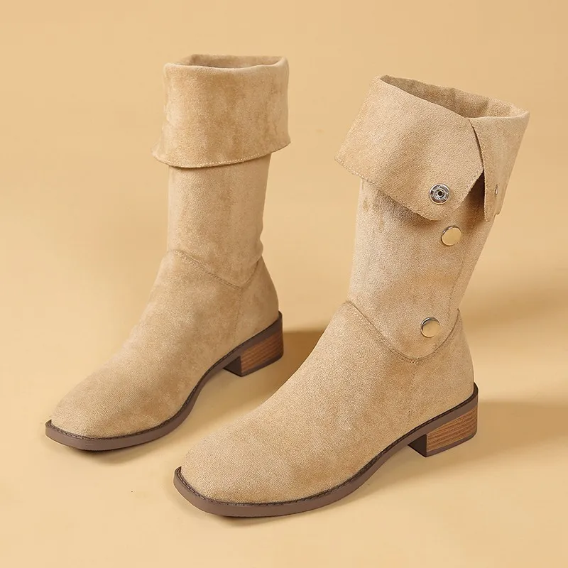 Women Solid Color Mid-heel Long Boots Round Toe Slip on Knee High Boot Woman Spring Autumn Fashion Casual Chunky Heel Pile Botas