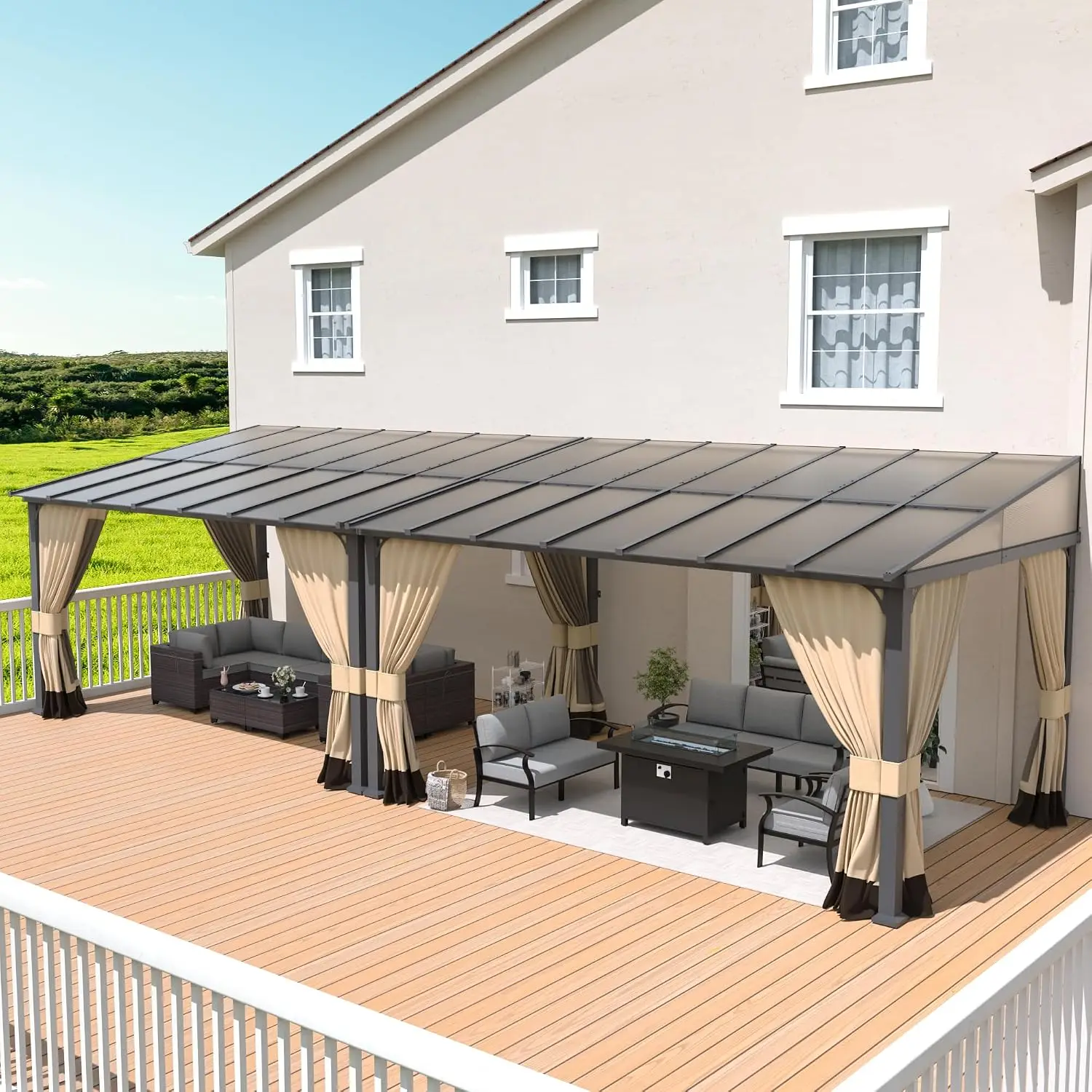 10’ x 26’ Wall Mount Gazebo Outdoor Pergola, Hardtop Lean to Gazebo Canopy Awnings with Sloped Roof and Sturdy Steel, Custom