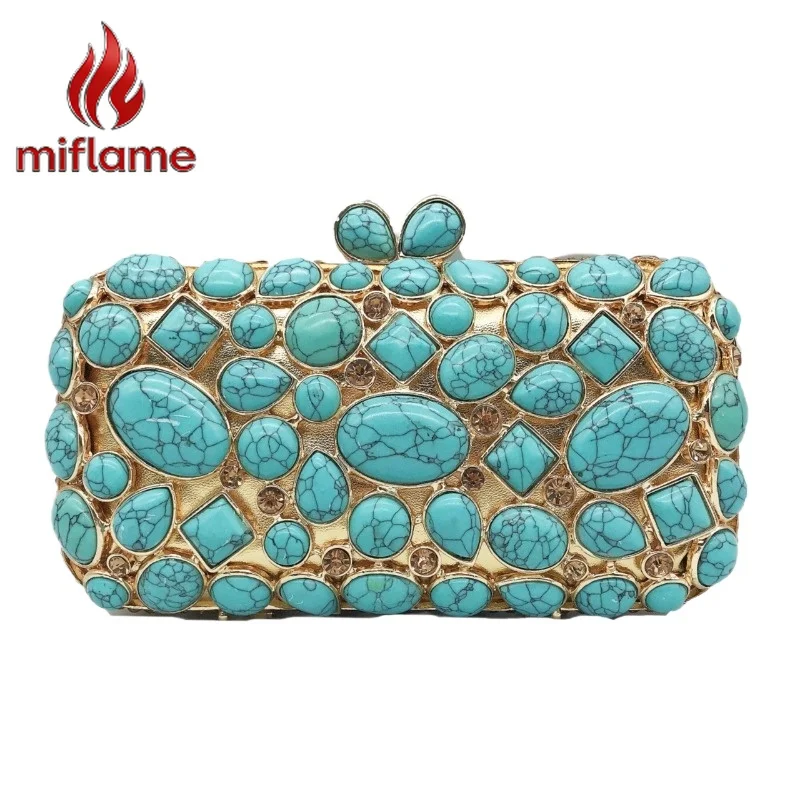 

Luxury Gemstone Evening Clutch Bag Embellished with Natural Agate Turquoise and Rhinestones for Party Wedding Prom Cocktail