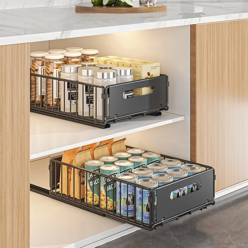 Pull Out Cabinet Storage Adjustable Kitchen Spice Jar Storage Under-sink Cabinet Organizer Rack Slide Out Drawer No Drilling