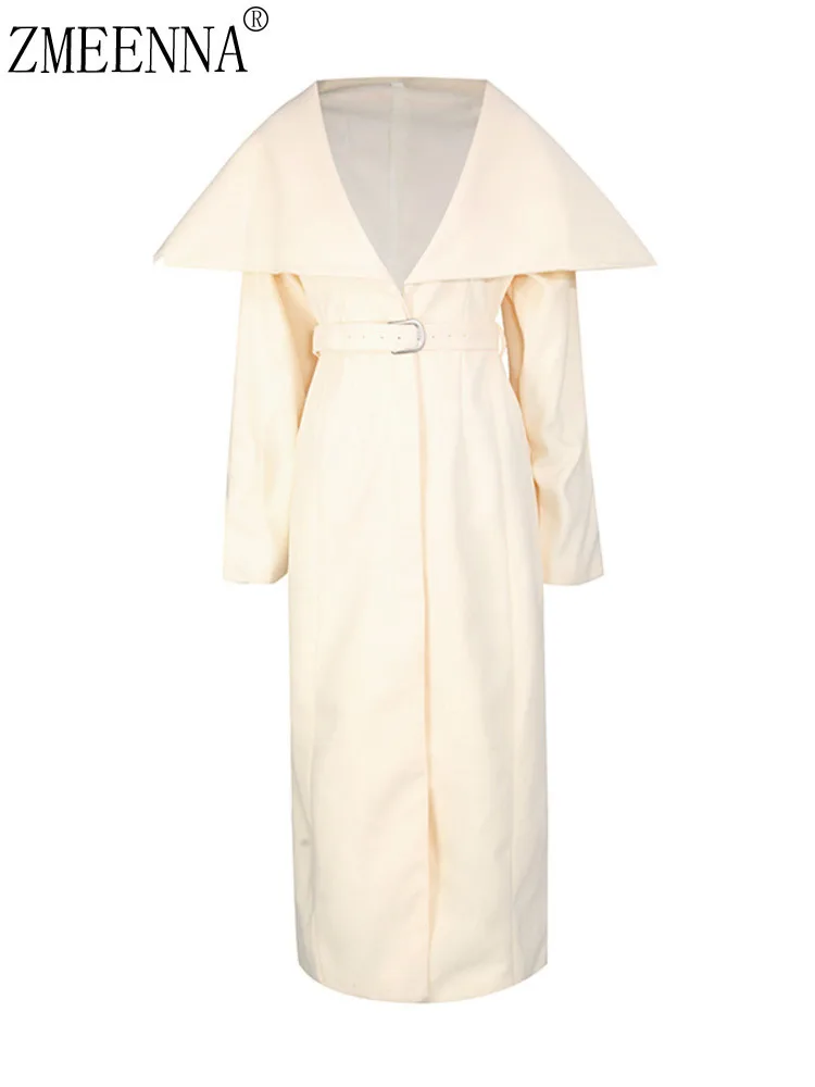 

ZMEENNA женский модный кремово-белый плащ с широким драпированным воротником и длинными рукавами с поясом макси-пальто элегантная верхняя одежда ZM4651