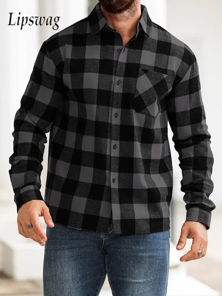 Casual Plaid Woolen Shirt Jackets Mens 2025 Spring Autumn Fashion Button-up Turn-down Collar Cardigans Men Streetwear Shirt Tops