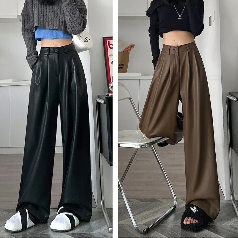 

Fashion Straight Pu Pants Casual High-waist Soft Wide-leg Leather Pants 2023 Autumn Clothes Elegant Loose Office Trousers 29388