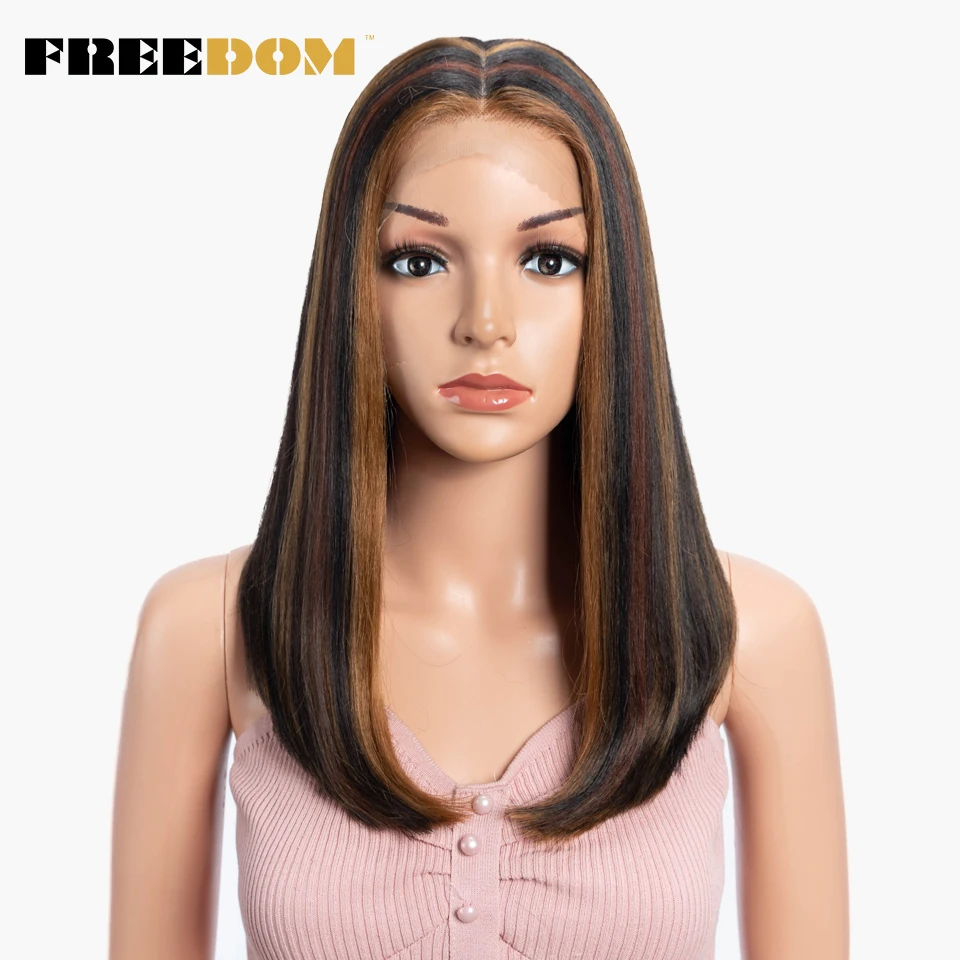 

FREEDOM Synthetic Lace Wigs For Black Women Straight Bob Lace Wig Highlight Ombre Brown Piano Color Cosplay Wigs Heat Resistant