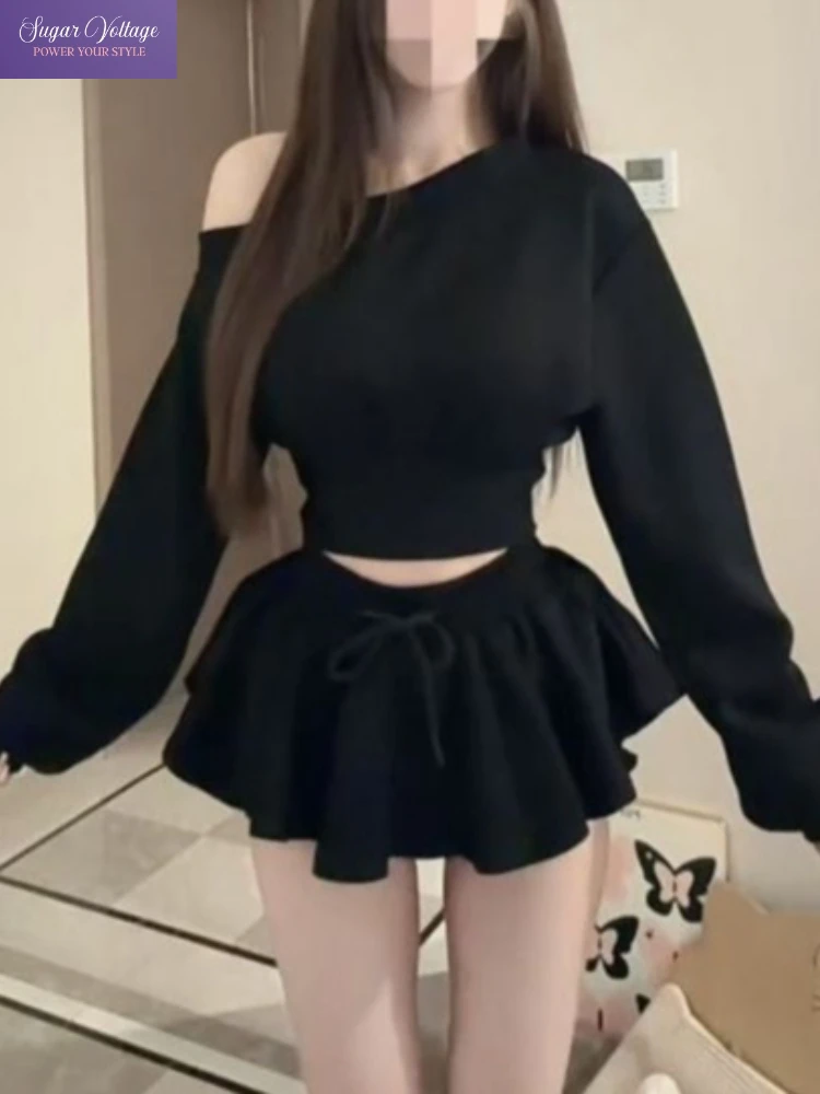 Casual Fashion 2 Piece Set Women Slim Black One Shoulder Long Sleeve Top + High Waist Puffy Mini Skirt Sexy Hot Girl Chic Outfit