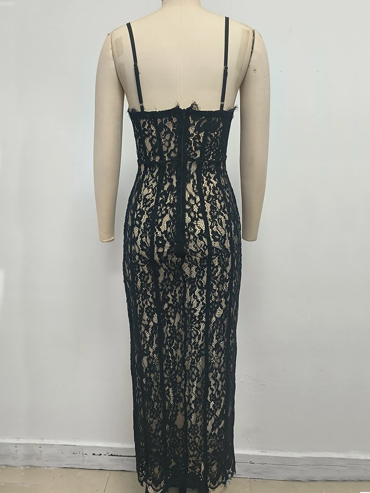 2025 Women Black Lace Sleeveless Sexy Breast Wrap Halter Slim Fit Bodycon Long Dress Nightclub Party Evening Hot Chick Outfit