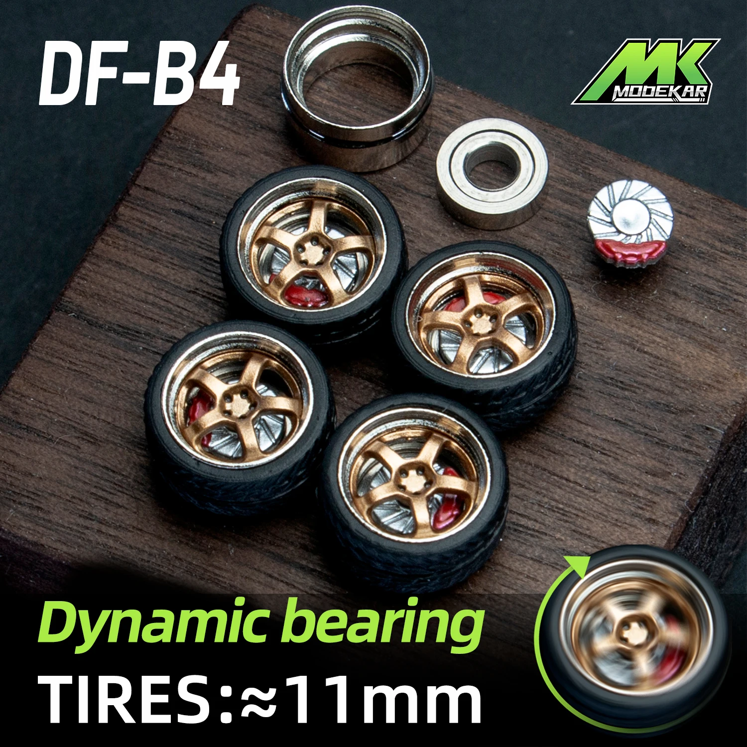 1/64 Scale Dynamic bearing wheels modified wheels Car model rotary disc brake calipers Metal wheels with bearing rubber tires