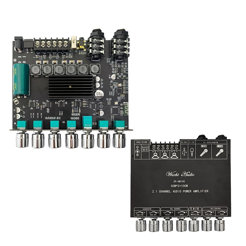 

ZK-AM100 Плата усилителя Bluetooth 50 Вт x 2 + 100 Вт TPA3116D2, усилитель мощности, 2,1 каналов, микрофонный аудиомодуль