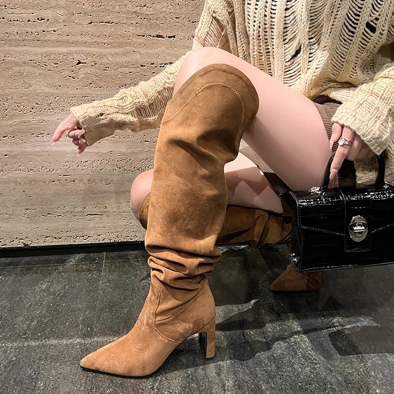 JOZHAMTA Size 34-42 Women Knee High Boots Suede Leather Wide Calf Thick High Heel Shoes Fall Winter 2025 Pointy Long Tall Boots