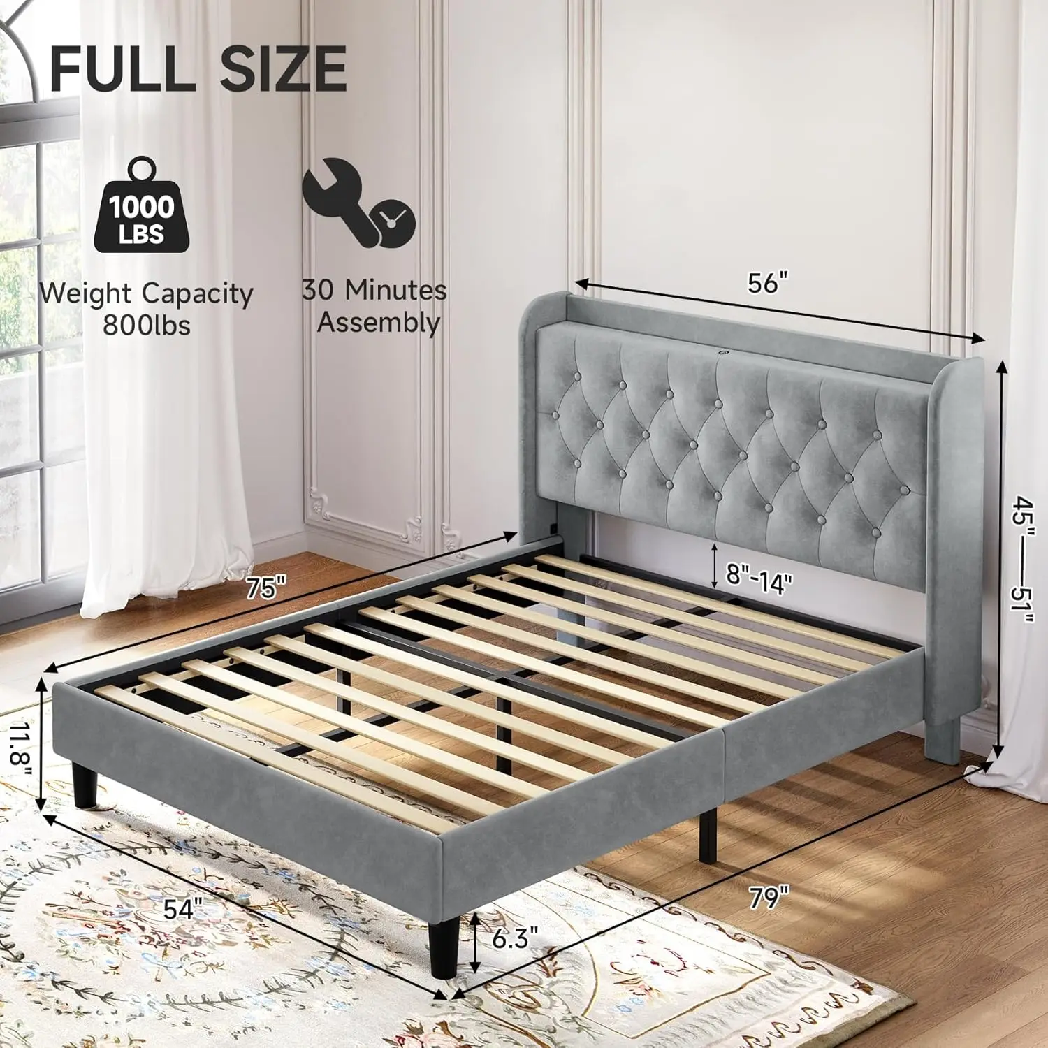 Adjustable soft cushion platform with Type-C and USB ports, storage headboard, no need for box springs, no noise, gray color