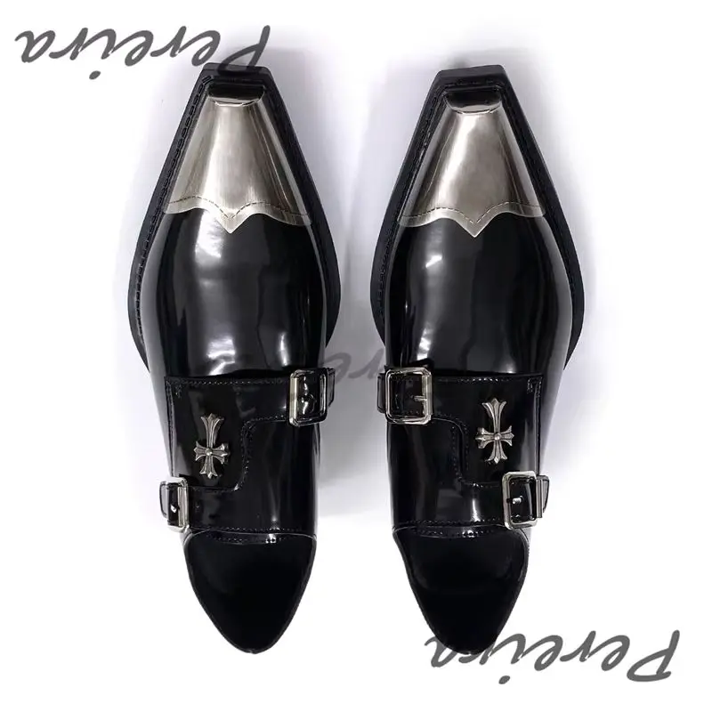 Punk Retro Metal Toe Derby Shoes Trendy Rivet Double Buckle 5CM Thick Heel Dress Shoes British Patent Leather Party Club Shoes